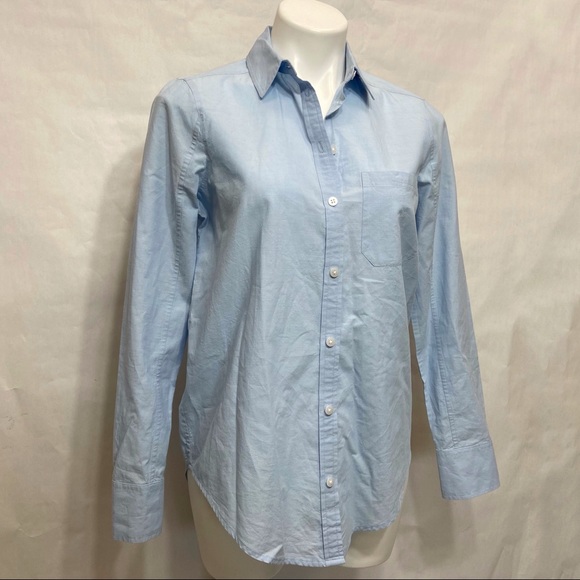 ATHLETA CHAMBRAY MARINWOOD STRIPED POPLIN RELAXED LIGHT BLUE BUTTON DOWN TOP - Picture 6 of 16